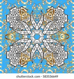 Golden element on blue background. Gold Wallpaper on texture background.Damask pattern repeating background. Gold blue floral ornament in baroque style.