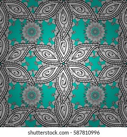 Golden element on blue background. Damask seamless pattern repeating background. Antique white repeatable wallpaper. Golden floral ornament in baroque style.