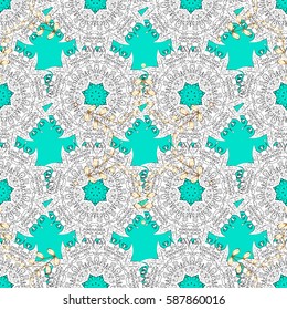Golden element on blue background. Damask seamless repeating pattern. Antique whiteen repeatable wallpaper. Gold floral ornament in baroque style.