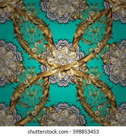 Golden element on blue background. Damask seamless pattern repeating background. Gold Wallpaper on texture background. Gold blue floral ornament in baroque style.