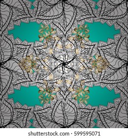 Golden element on blue background. Antique golden repeatable wallpaper. Golden blue floral ornament in baroque style. Damask seamless pattern repeating background.