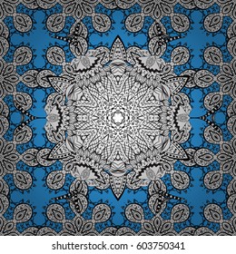 Golden element on blue background. Damask background. Seamless pattern. Golden floral wallpaper. Gold blue floral ornament in baroque style.