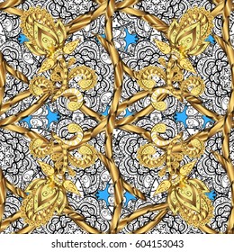 Golden element on blue background. Vector line art seamless border for design template. Vector sketch for invitations, cards, certificate, web page. Eastern style element. Golden outline floral decor.