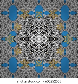 Golden element on blue background. Luxury, royal and Victorian concept. Ornate vector decoration. Vintage baroque floral seamless pattern in gold over blue.