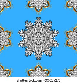 Golden element on blue background. Golden blue floral ornament in baroque style. Damask seamless pattern repeating background. Antique golden repeatable wallpaper.