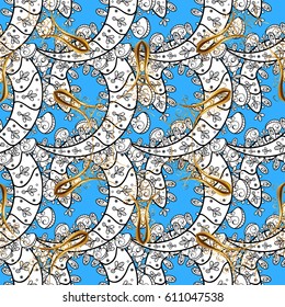 Golden element on blue background. Vector line art seamless border for design template. Eastern style element.