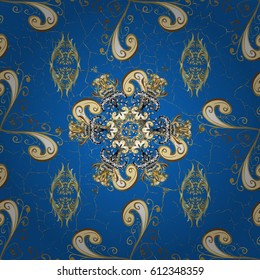 Golden element on blue background. Antique golden repeatable wallpaper. Gold blue floral ornament in baroque style. Damask pattern repeating background.