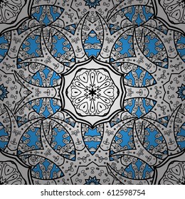 Golden element on blue background. Gold blue floral ornament in baroque style. Damask seamless pattern repeating background. Antique golden repeatable wallpaper.