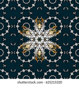 Golden element on blue background. Gold Wallpaper on texture background.Damask pattern repeating background. Gold blue floral ornament in baroque style.