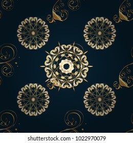 Golden element on blue, beige and brown colors. Gold floral ornament in baroque style. Damask seamless repeating pattern. Antique golden repeatable wallpaper.