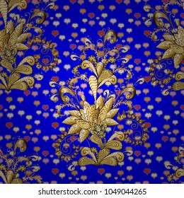Golden element on blue, beige and brown colors. Golden outline floral decor. Line art seamless border for design template. Eastern style element. Vector illustration for invitations, cards, web page.