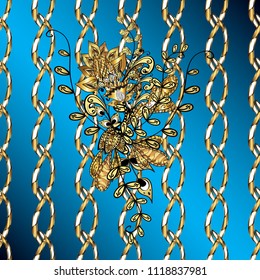 Golden element on a blue, brown and yellow colors. Gold floral ornament in baroque style. Damask background. Golden floral ornamental pattern.