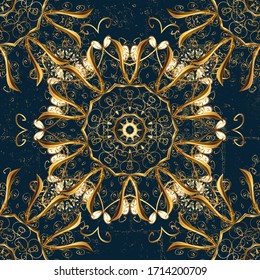 Goldenes Element auf Blau und Braun. Goldene Blumenschmuck im barocken Stil. Damast nahtlos wiederholendes Muster.Antike, goldene, wiederholbare Tapete.