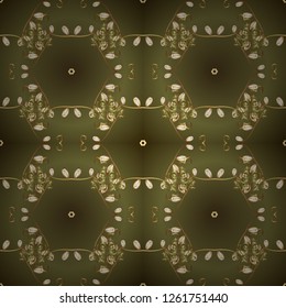 Golden element on blue, neutral and brown colors. Golden floral ornament in baroque style. Antique golden repeatable wallpaper. Damask ornamental pattern repeating background.