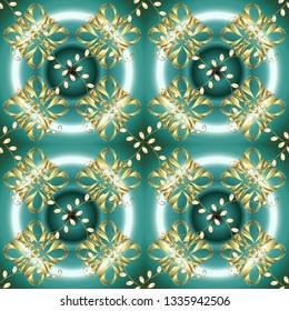 Golden element on blue, neutral and green colors. Damask repeating background. Antique golden repeatable wallpaper. Golden floral ornament in baroque style.