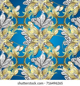 Golden element on blue, white and neutral colors. Gold Wallpaper on texture background. Gold blue, white and neutral floral ornament in baroque style. Damask ornamental pattern repeating background.