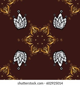 Golden element on brown background. Damask seamless pattern repeating background. Golden brown floral ornament in baroque style.