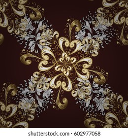Golden element on brown background. Vector line art seamless border for design template. Vector sketch for invitations, cards, certificate, web page. Eastern style element. Golden outline floral decor