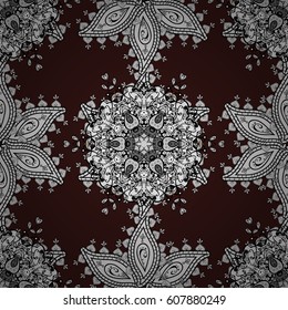Golden element on brown background. Damask seamless pattern repeating background. Antique golden repeatable wallpaper. Gold brown floral ornament in baroque style.