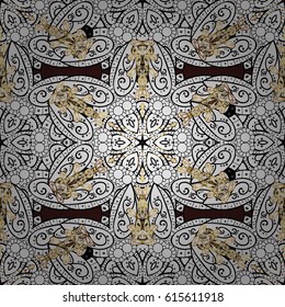 Golden element on brown background. Antique golden repeatable wallpaper. Golden brown floral ornament in baroque style. Damask seamless pattern repeating background.