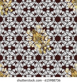 Golden element on brown background. Damask background. Gold brown floral ornament in baroque style. Seamless pattern. Golden floral wallpaper.