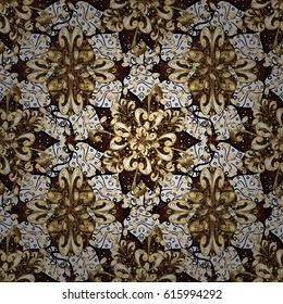 Golden element on brown background. Vector line art seamless border for design template. Vector sketch for invitations, cards, certificate, web page. Eastern style element. Golden outline floral decor