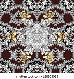 Golden element on brown background. Damask seamless pattern repeating background. Antique golden repeatable wallpaper. Golden brown floral ornament in baroque style.