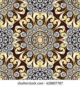 Golden element on brown background. Eastern style element. Vector line art seamless border for design template. Vector sketch for invitations, thank you message, web page. Golden outline floral decor.