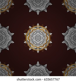 Golden element on brown background. Antique golden repeatable wallpaper. Gold brown floral ornament in baroque style. Damask seamless pattern repeating background.