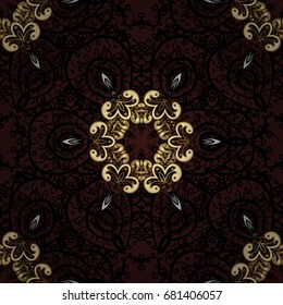 Golden element on brown background. Damask seamless repeating pattern. Antique golden repeatable wallpaper. Gold floral ornament in baroque style.