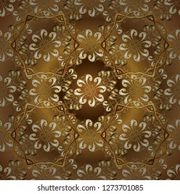 Golden element on brown and beige colors. Damask seamless repeating background. Gold Wallpaper on texture background. Gold floral ornament in baroque style.