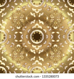 Golden element on brown and beige colors. Vector illustration for invitations, cards, web page. Eastern style element. Golden outline floral decor. Line art seamless border for design template.