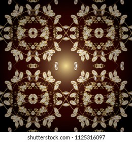 Golden element on brown and black colors. Golden floral ornament in baroque style. Damask seamless pattern repeating background. Antique golden repeatable wallpaper.