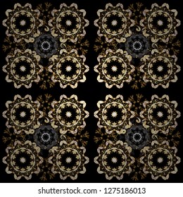 Golden element on brown and black colors. Line art seamless border for design template. Eastern style element. Vector illustration for invitations, cards, web page. Golden outline floral decor.