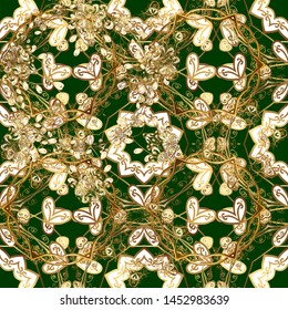 Golden element on brown and blue colors. Vector illustration for invitations, cards, web page. Golden outline floral decor. Eastern style element. Line art seamless border for design template.