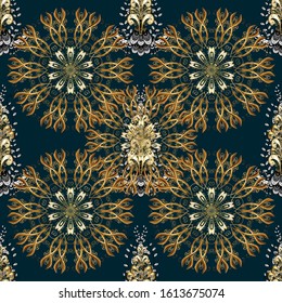 Golden element on brown, blue and beige colors. Antique golden repeatable wallpaper. Gold floral ornament in baroque style. Damask seamless repeating pattern.