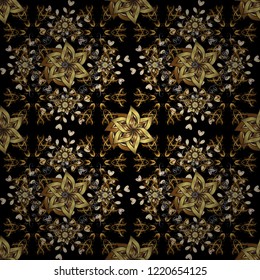 Golden element on a brown, gray and black colors. Gold floral ornament in baroque style. Damask background. Golden floral seamless pattern.