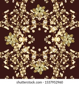 Golden element on brown and white colors. Gold floral ornament in baroque style. Damask seamless repeating pattern. Antique golden repeatable wallpaper.