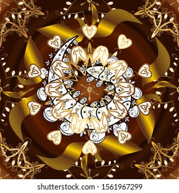 Golden element on brown and white colors. Gold brown and white floral ornament in baroque style. Golden floral wallpaper. Pattern. Damask background.