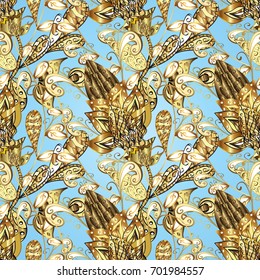 Golden element on a colorful background. Golden floral seamless pattern. Gold floral ornament in baroque style. Damask background.
