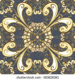 Golden element on gray background. Gold Wallpaper on texture background.Damask pattern repeating background. Gold gray floral ornament in baroque style.