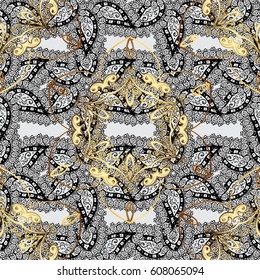 Golden element on gray background. Gold Wallpaper on texture background. Gold gray floral ornament in baroque style. Damask seamless pattern repeating background.