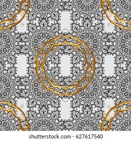 Golden element on gray background. Vector sketch for invitations, cards, certificate, web page. Eastern style element. Vector line art seamless border for design template. Golden outline floral decor.