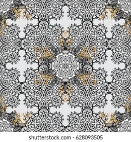 Golden element on gray background. Gold gray floral ornament in baroque style. Damask seamless pattern repeating background. Antique golden repeatable wallpaper.