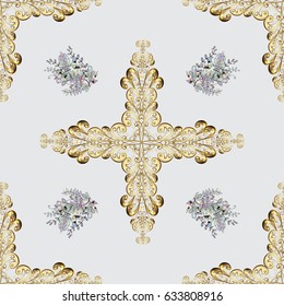 Golden element on gray background. Golden floral wallpaper. Damask background. Seamless pattern. Gold gray floral ornament in baroque style.