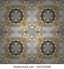 Golden element on gray and beige colors. Line art seamless border for design template. Golden outline floral decor. Vector illustration for invitations, cards, web page. Eastern style element.