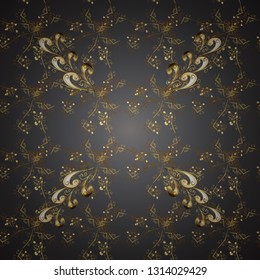 Golden element on a gray and brown colors. Gold floral ornament in baroque style. Damask background. Golden floral seamless pattern.
