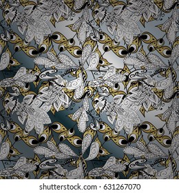 Golden element on gray gradient background. Damask ornamental pattern repeating background. Antique golden repeatable wallpaper. Gold floral ornament in baroque style.