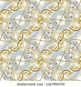 Golden element on a gray and neutral colors. Damask background. Gold floral ornament in baroque style. Golden floral seamless pattern.