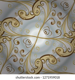 Golden element on gray and neutral colors. Antique golden repeatable wallpaper. Gold floral ornament in baroque style. Damask seamless repeating pattern.